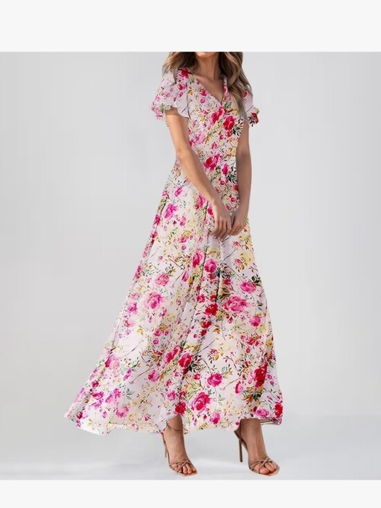 Dresses & Skirts - Pink Floral V-Neck Maxi Dress #47